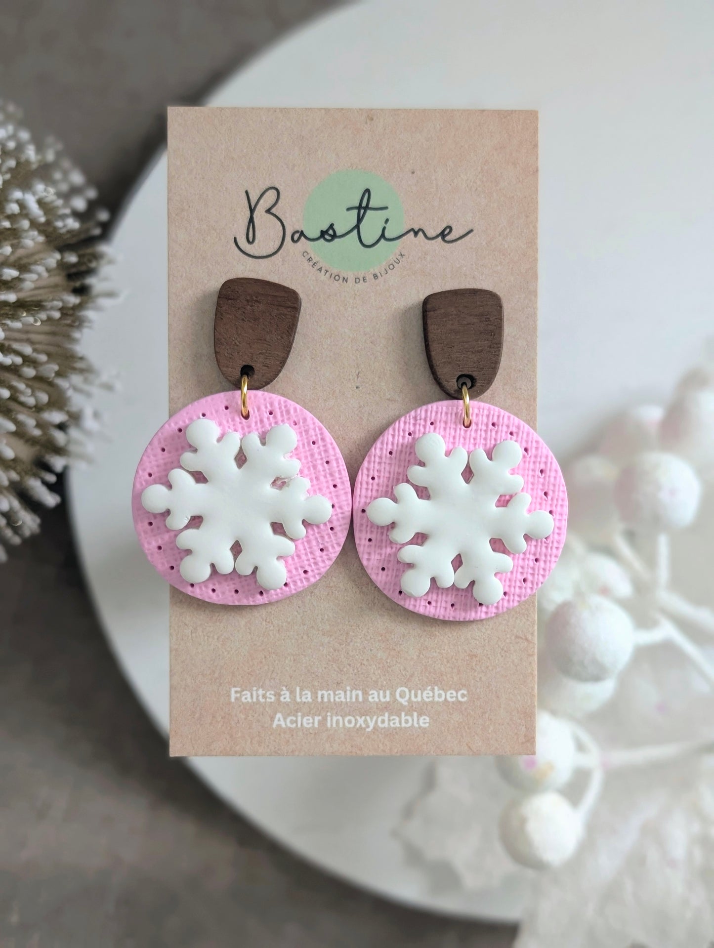 Flocons - Boucles d'oreilles pendantes en argile polymère et acier inoxydable hypoallergène