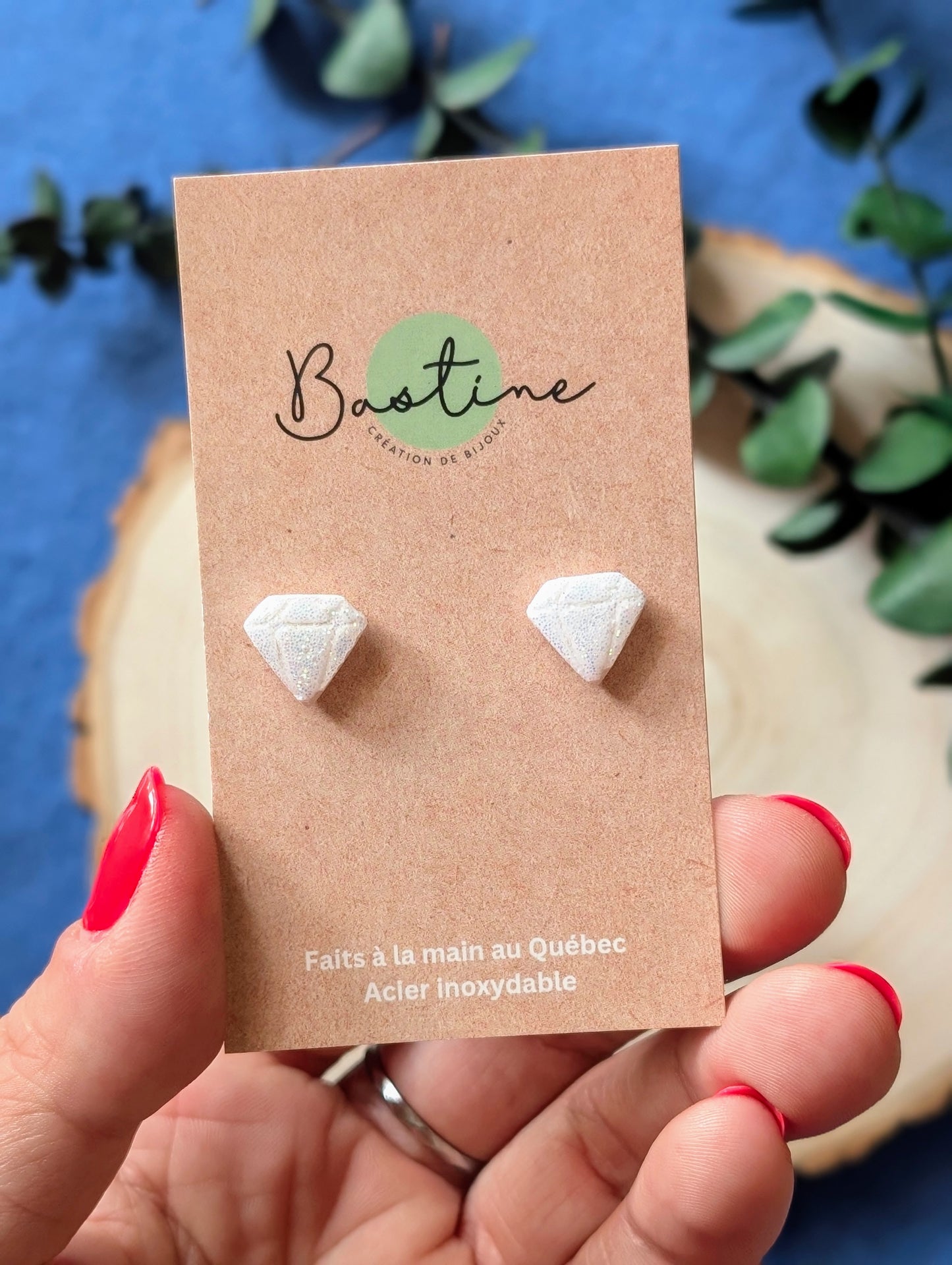 Diamonds - Hypoallergenic stainless steel polymer clay stud earrings
