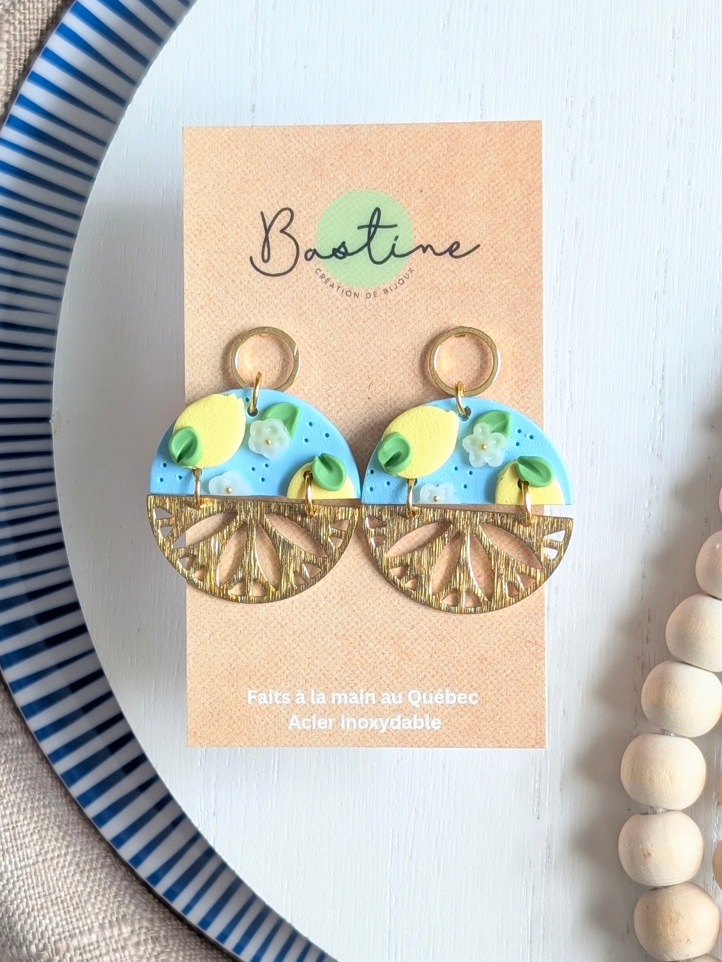 Léonie - Boucles d'oreilles pendantes en argile polymère et acier inoxydable hypoallergène