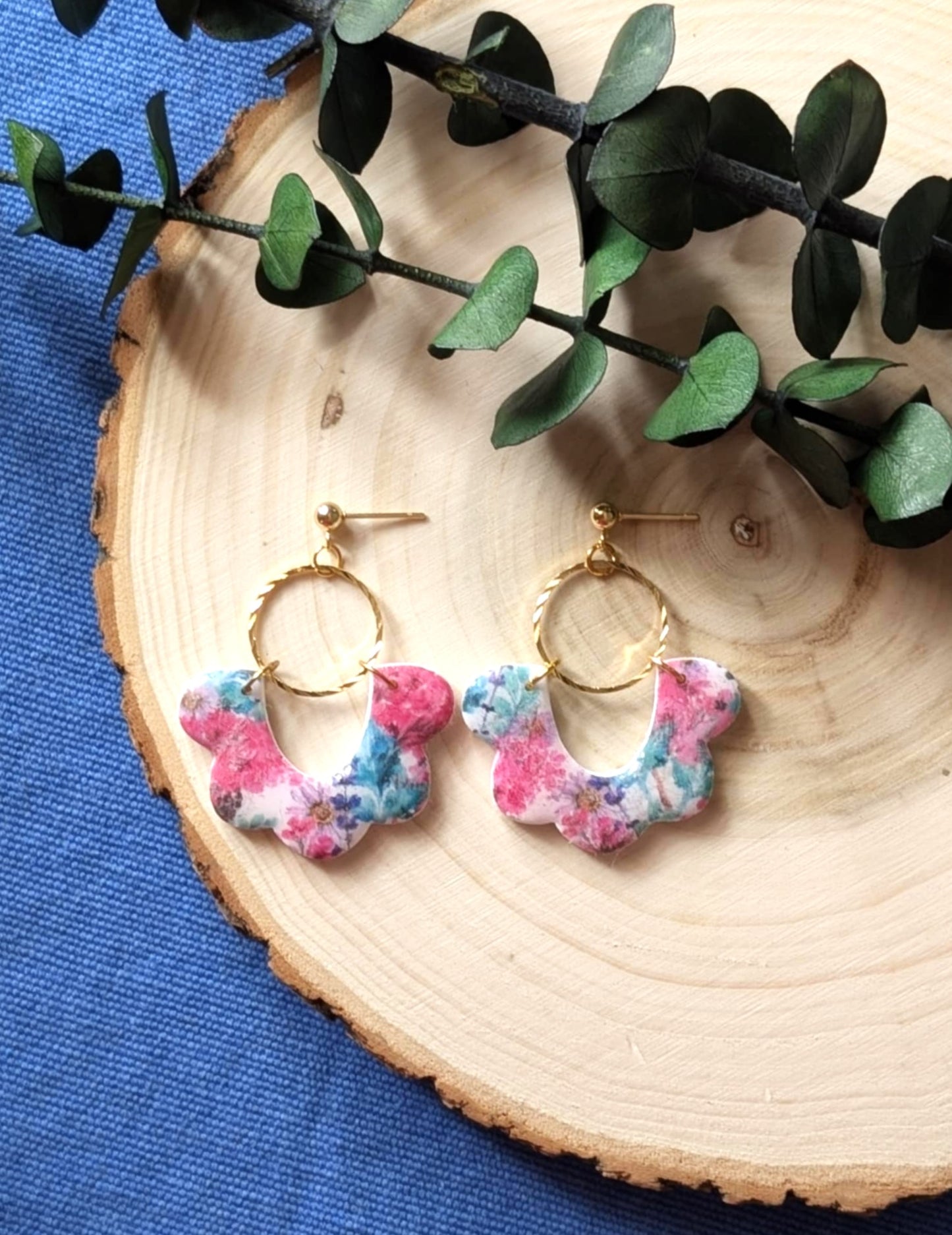 Louisette fleuries - Boucles d'oreilles pendantes en argile polymère acier inoxydable hypoallergène
