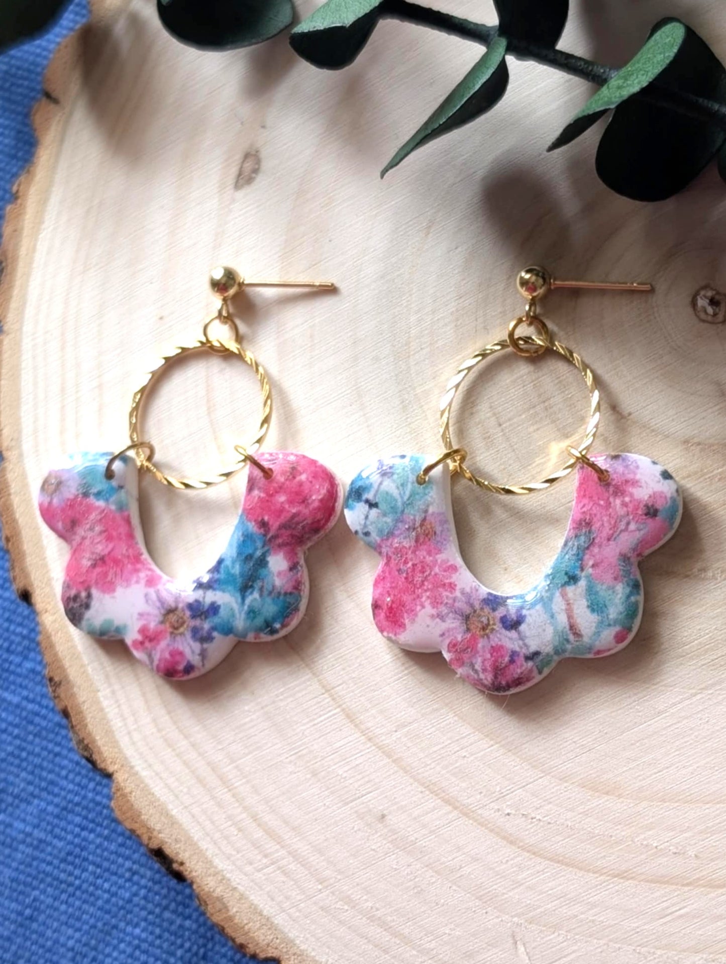 Louisette fleuries - Boucles d'oreilles pendantes en argile polymère acier inoxydable hypoallergène