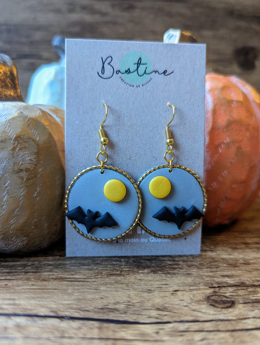 Halloween - Pendantes chauve-souris avec anneaux dorés