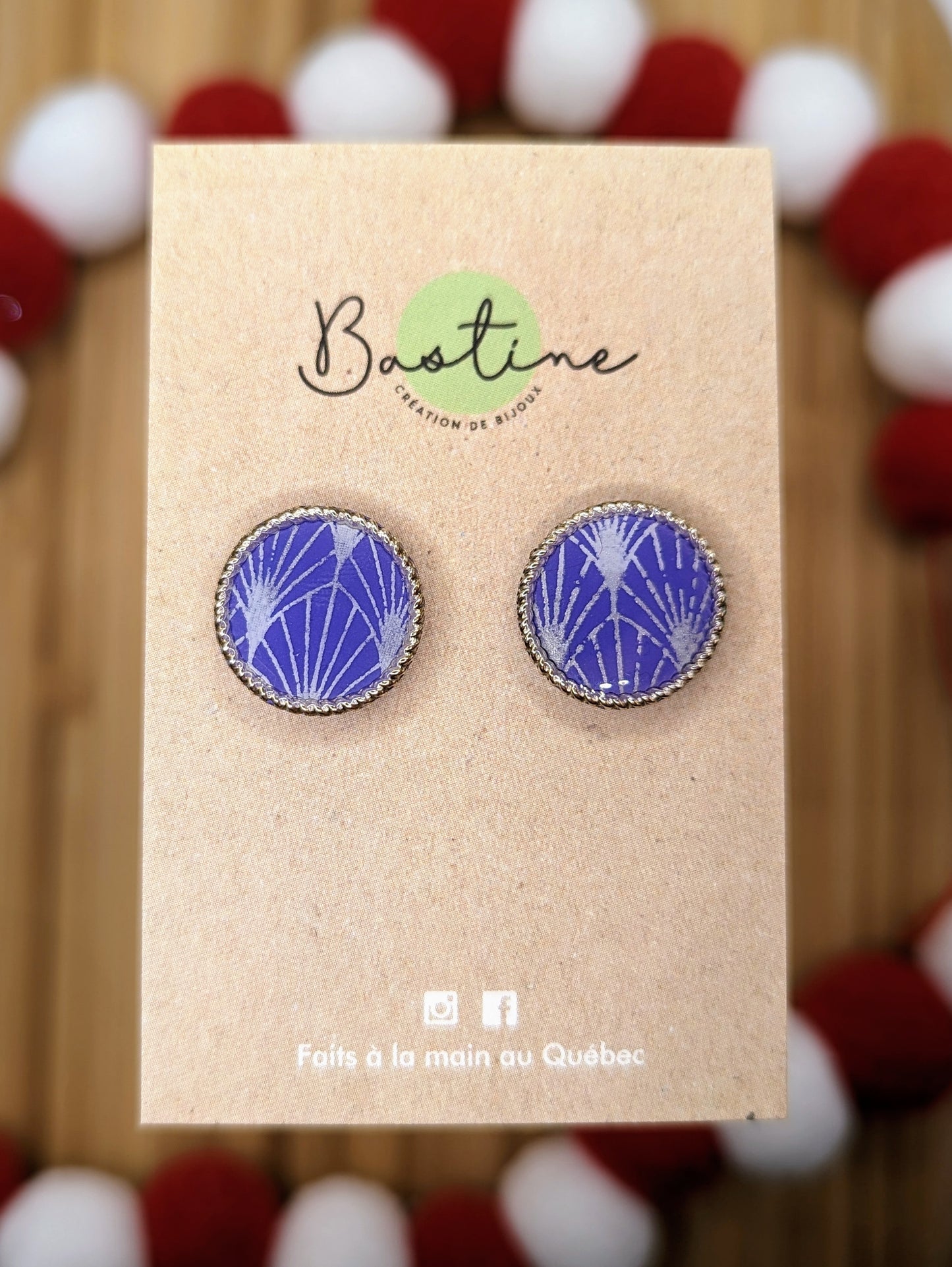 Mauve avec imprimé - Boucles d'oreilles studs en argile polymère acier inoxydable hypoallergène