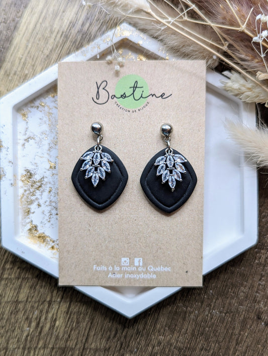 Agathe Noir - Boucles d'oreilles pendantes en argile polymère acier inoxydable hypoallergène