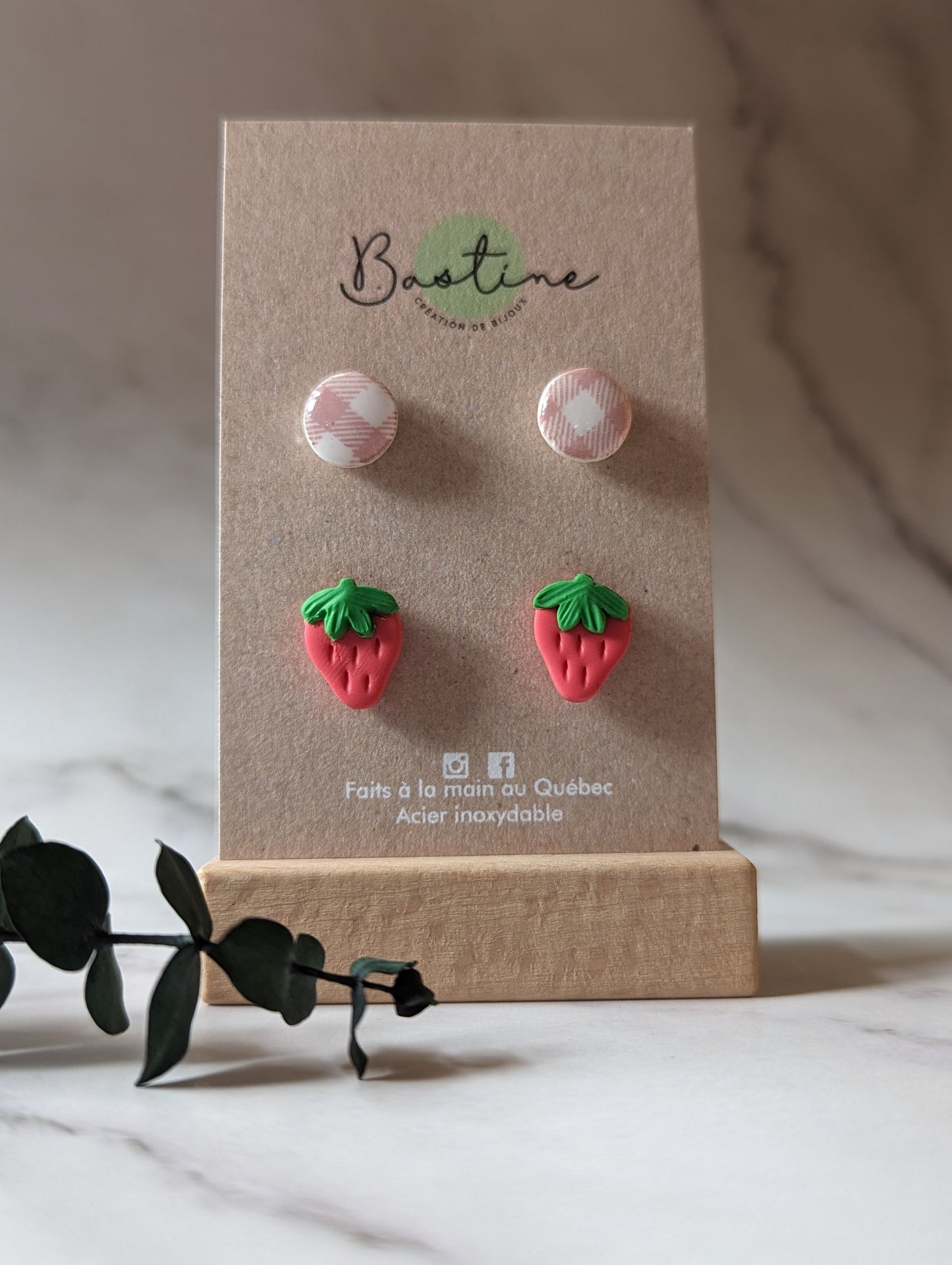 Strawberry Shortcake - Duo of stud earrings in polymer clay and hypoallergenic stainless steel