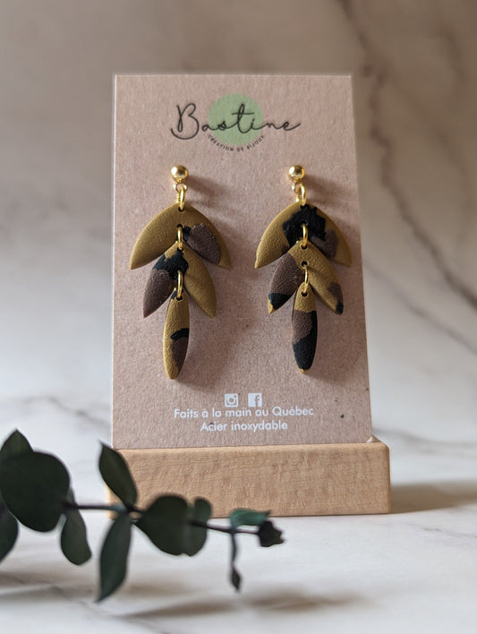 Dahlia motif léopard - Boucles d'oreilles pendantes argile polymère et acier inoxydable hypoallergène