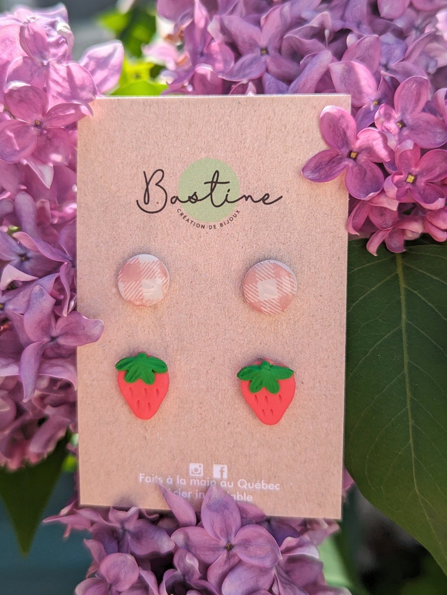 Strawberry Shortcake - Duo of stud earrings in polymer clay and hypoallergenic stainless steel