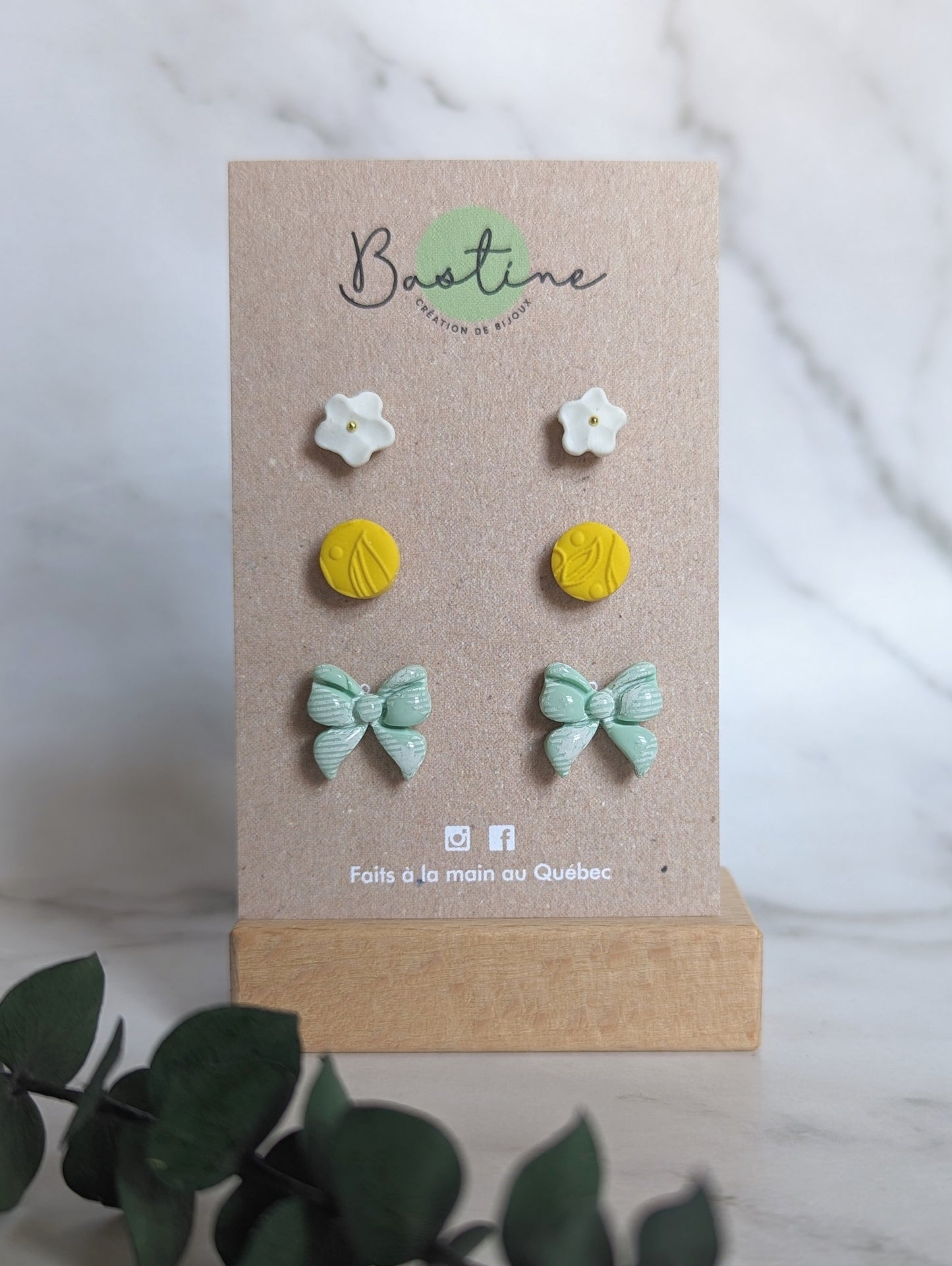 Trio printemps - Boucles d'oreilles studs en argile polymère acier inoxydable hypoallergène