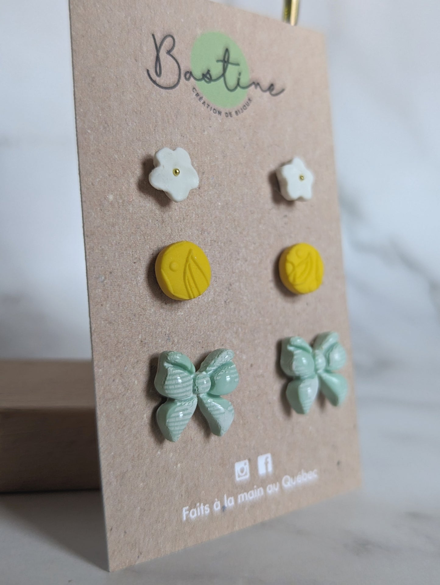 Trio printemps - Boucles d'oreilles studs en argile polymère acier inoxydable hypoallergène