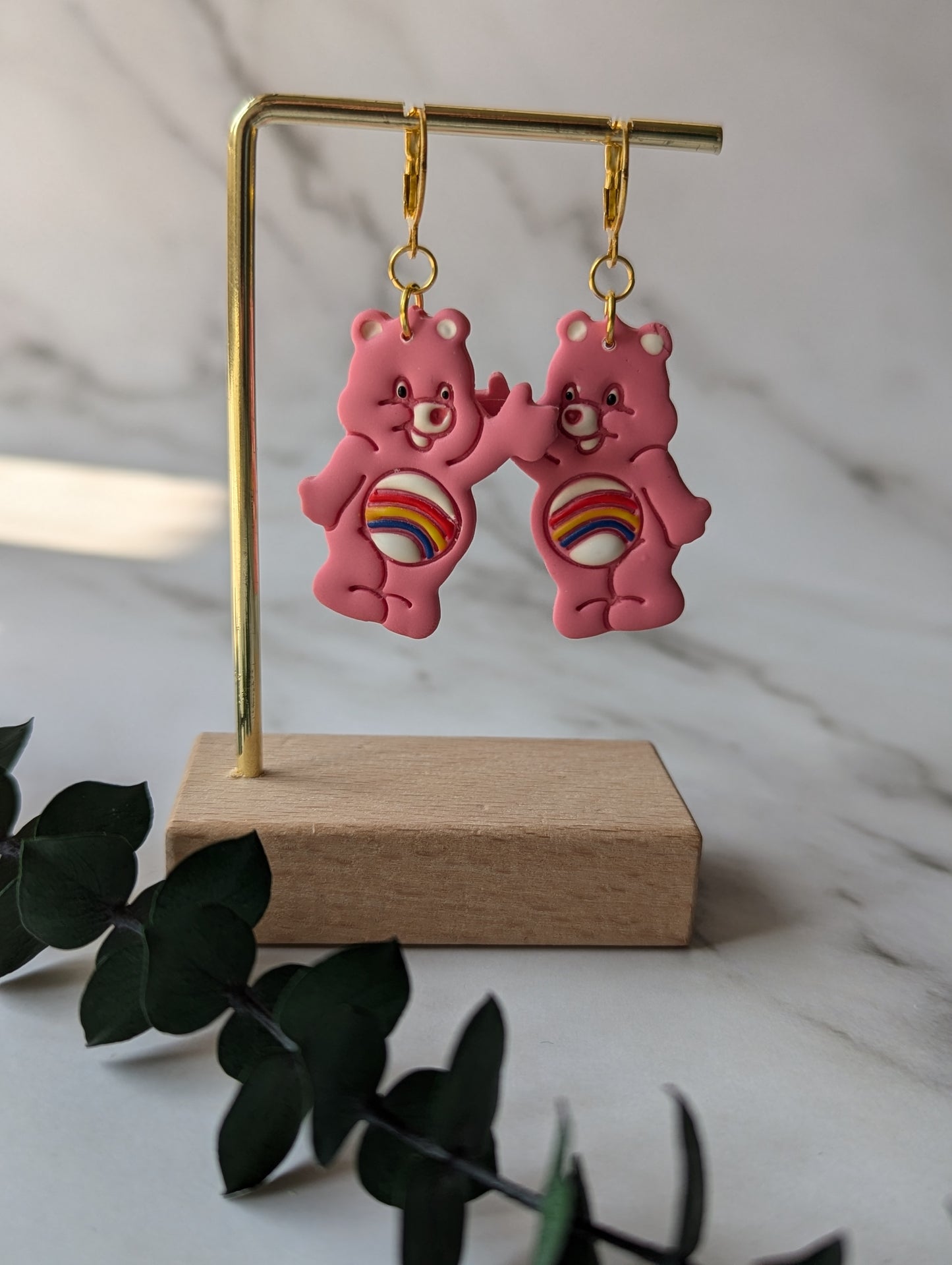 Oursons mignons rose - Boucles d'oreilles pendantes argile polymère et acier inoxydable hypoallergène