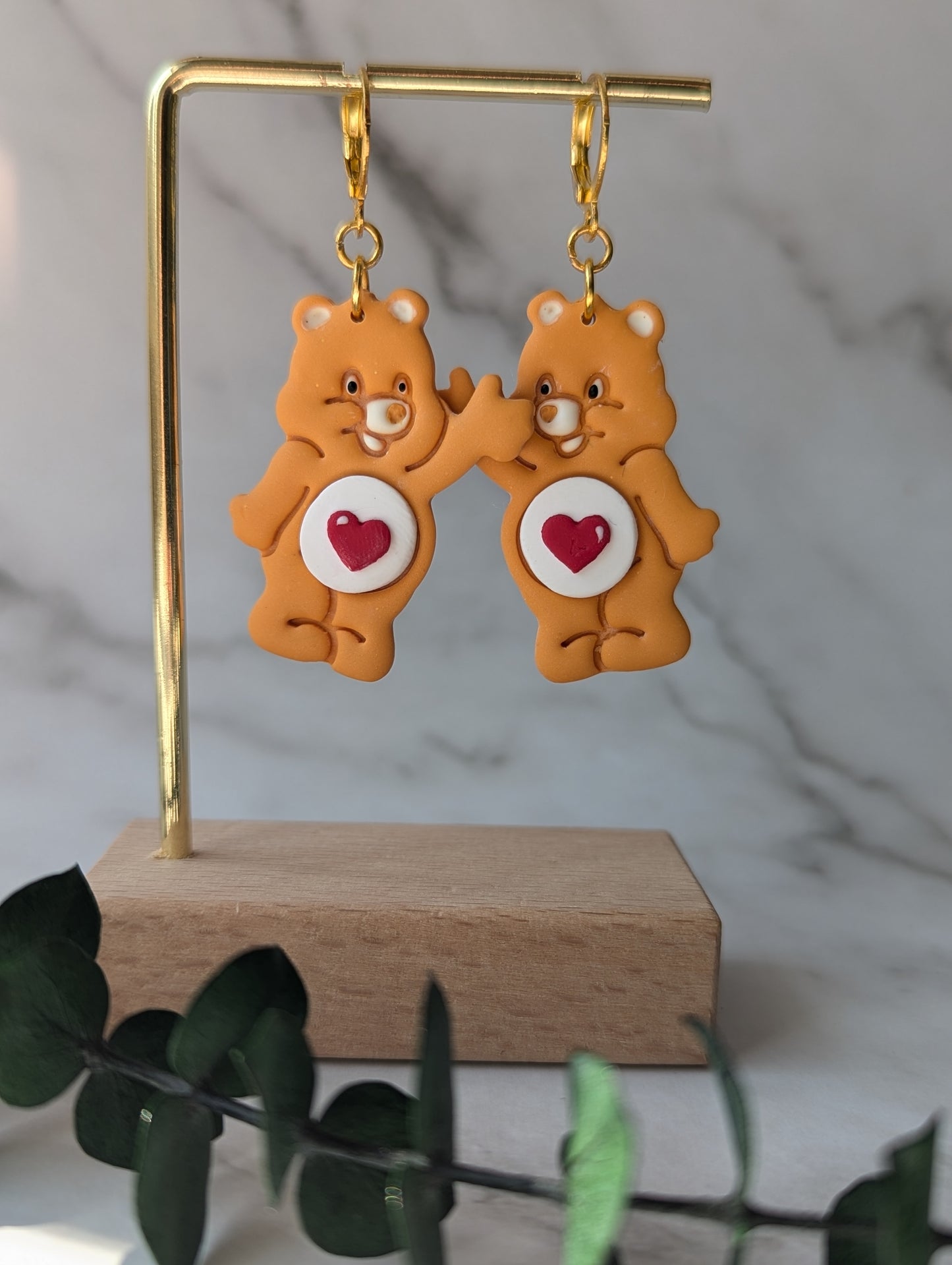Oursons mignons orange - Boucles d'oreilles pendantes argile polymère et acier inoxydable hypoallergène