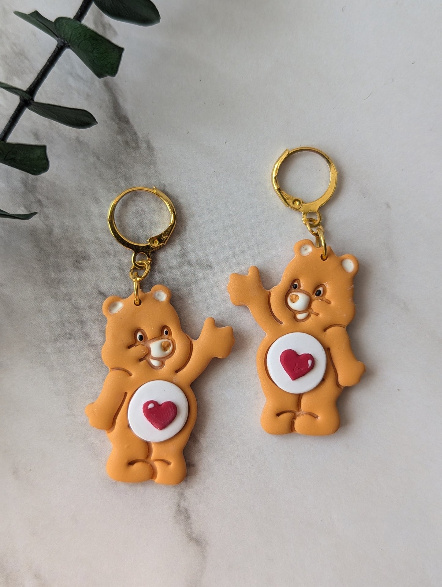 Oursons mignons orange - Boucles d'oreilles pendantes argile polymère et acier inoxydable hypoallergène