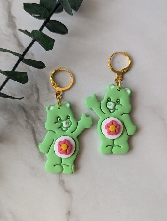 Oursons mignons vert - Boucles d'oreilles pendantes argile polymère et acier inoxydable hypoallergène