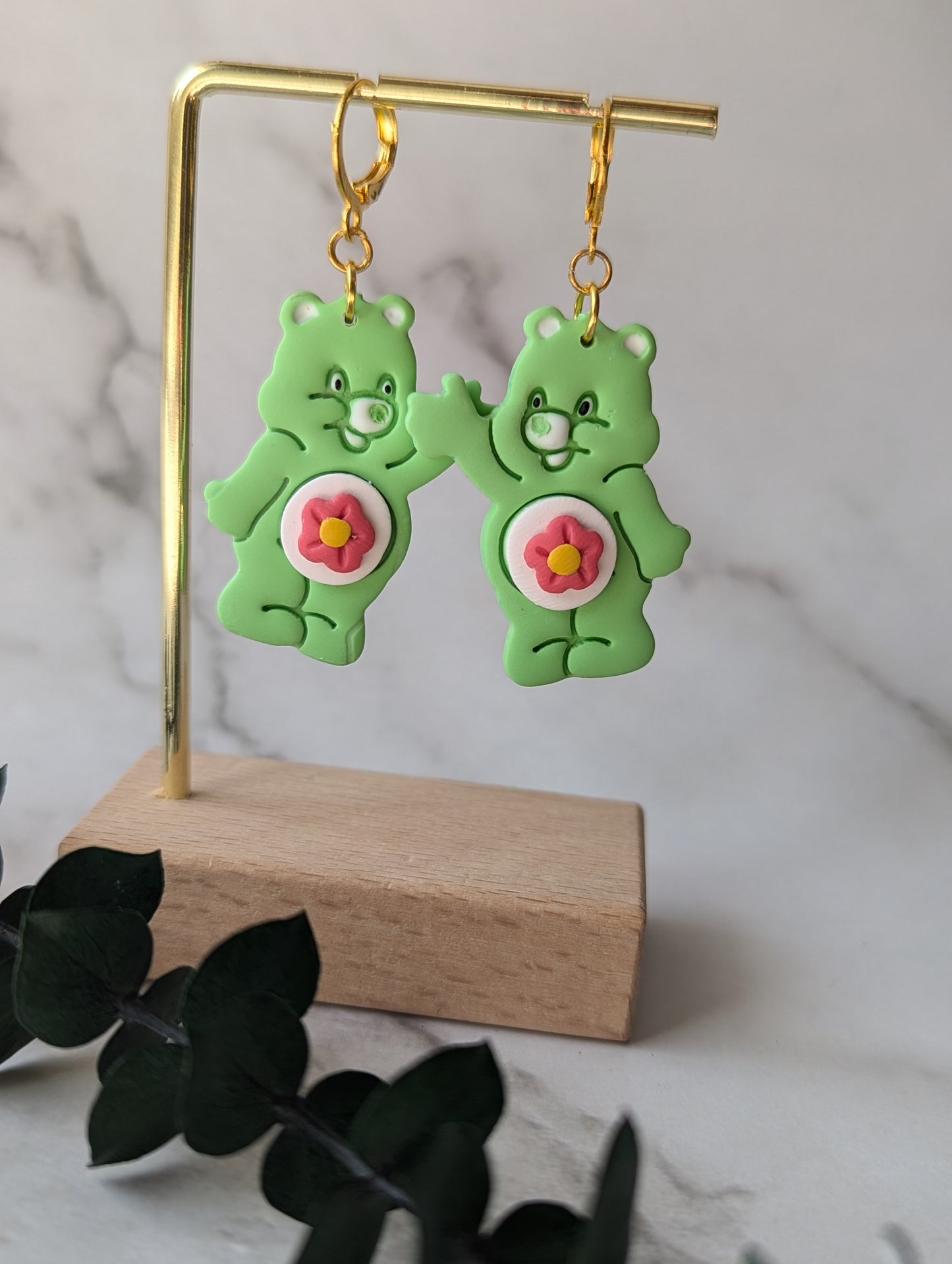 Oursons mignons vert - Boucles d'oreilles pendantes argile polymère et acier inoxydable hypoallergène