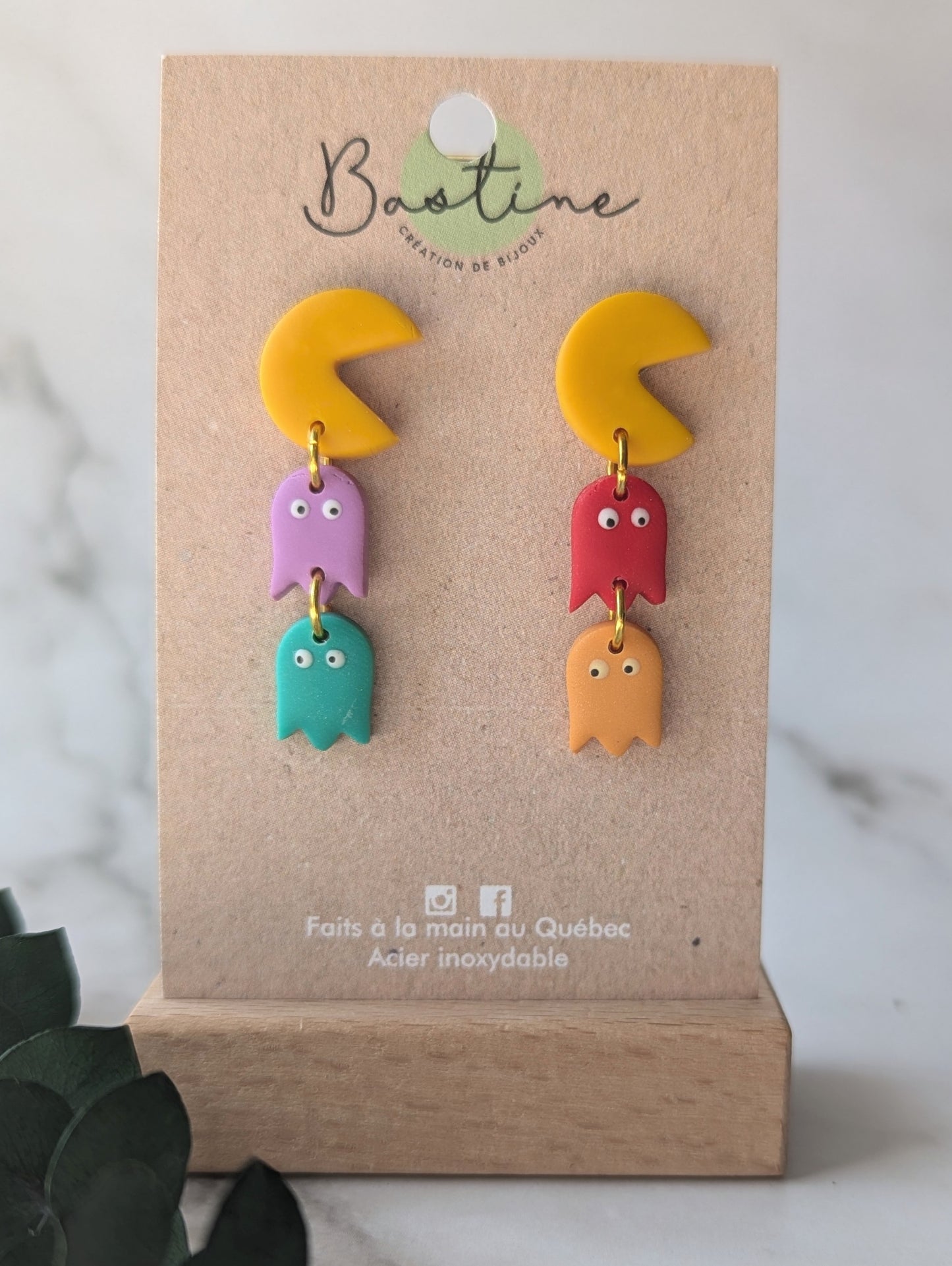 Pacman Boucles d'oreilles studs en argile polymère acier inoxydable hypoallergène
