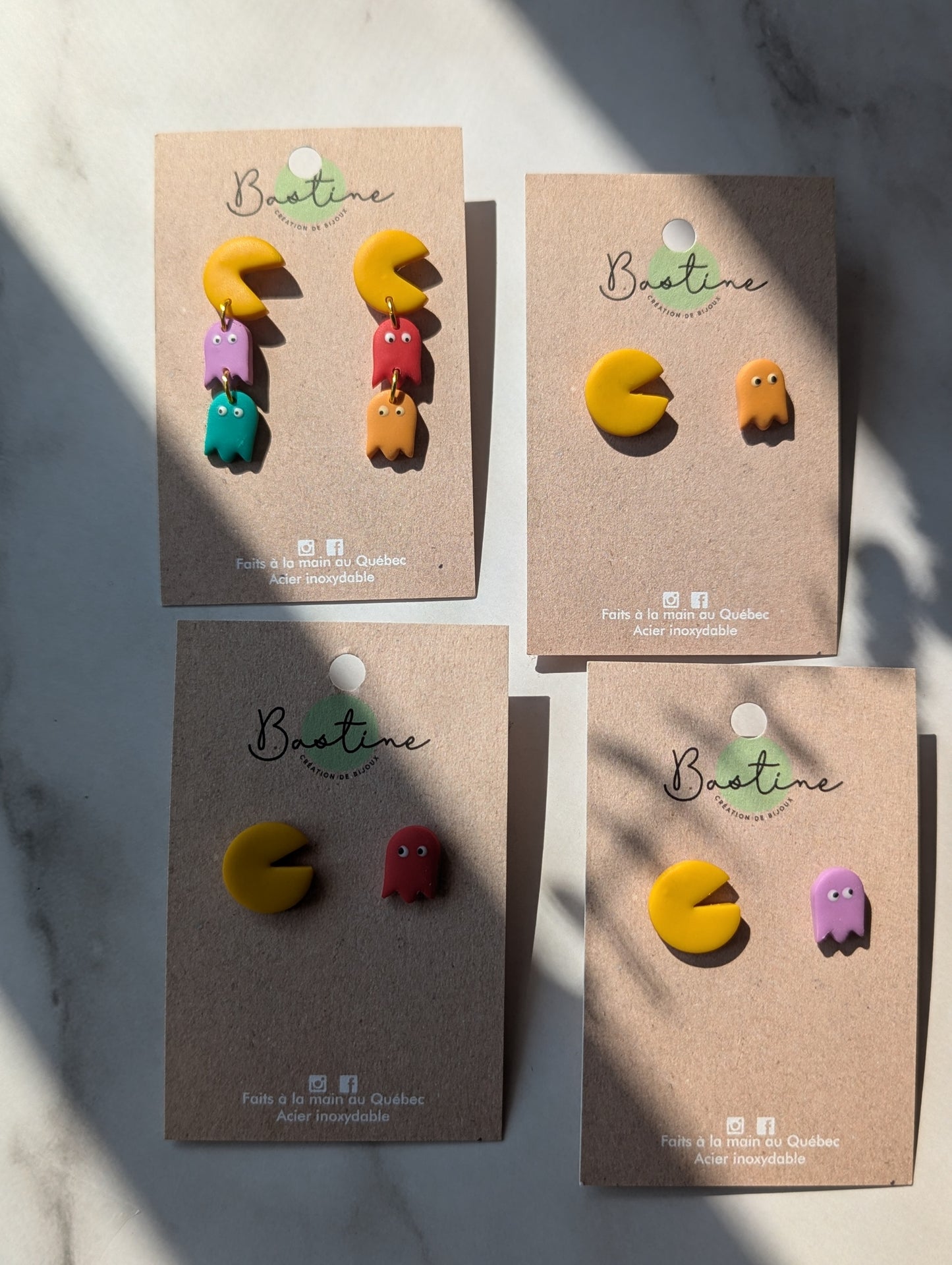 Pacman Boucles d'oreilles studs en argile polymère acier inoxydable hypoallergène