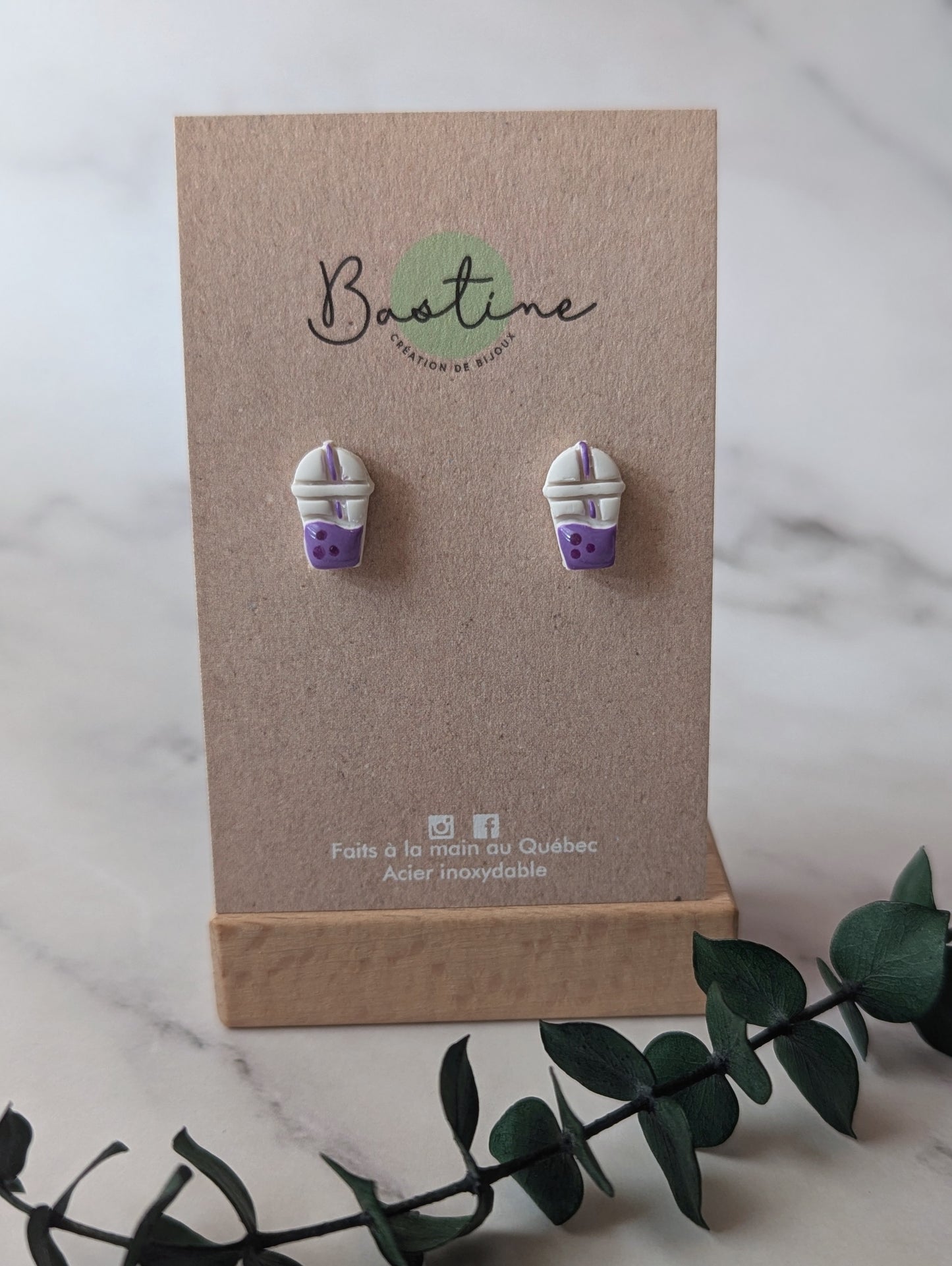 Bubble tea - Boucles d'oreilles studs en argile polymère acier inoxydable hypoallergène