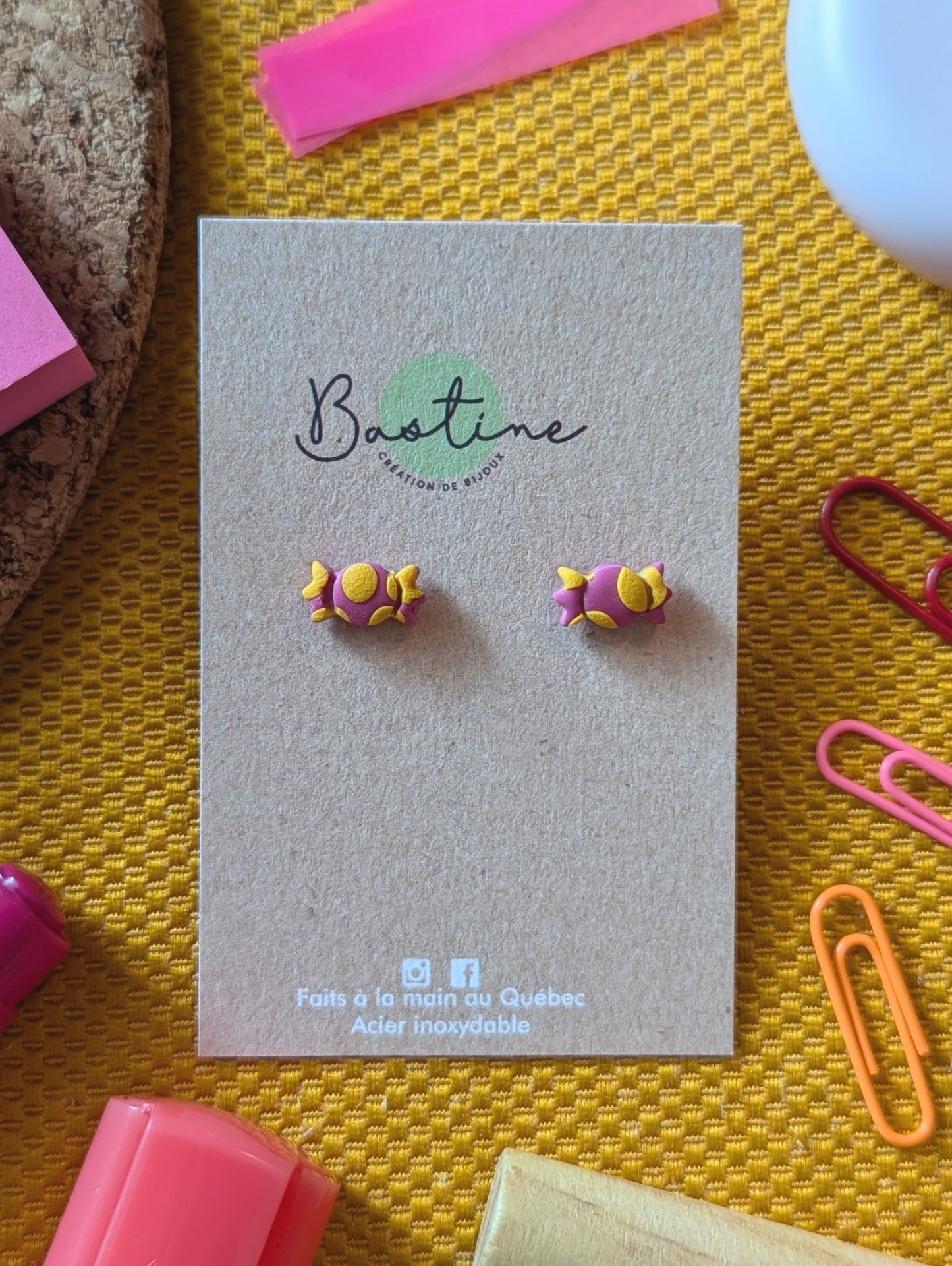 Bonbons - Boucles d'oreilles studs en argile polymère acier inoxydable hypoallergène