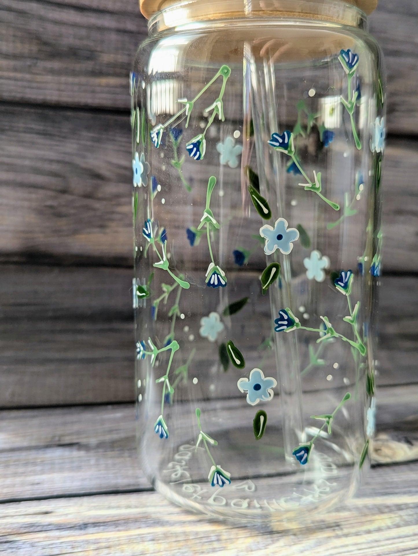 Blue Flowers - Pastel & Glitter Can Glass