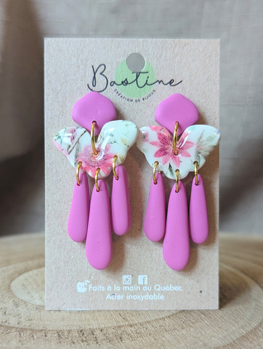 Eugénie (Fleurs roses) - Boucles d'oreilles pendantes argile polymère et acier inoxydable hypoallergène