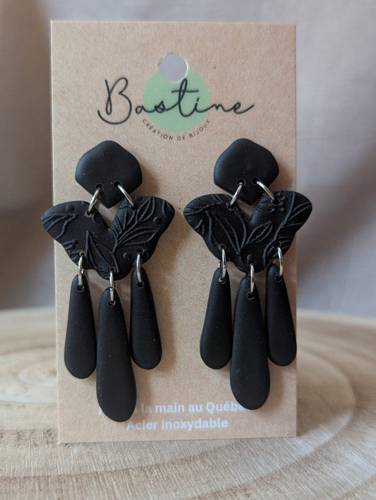Eugénie Noir - Boucles d'oreilles pendantes en argile polymère acier inoxydable hypoallergène
