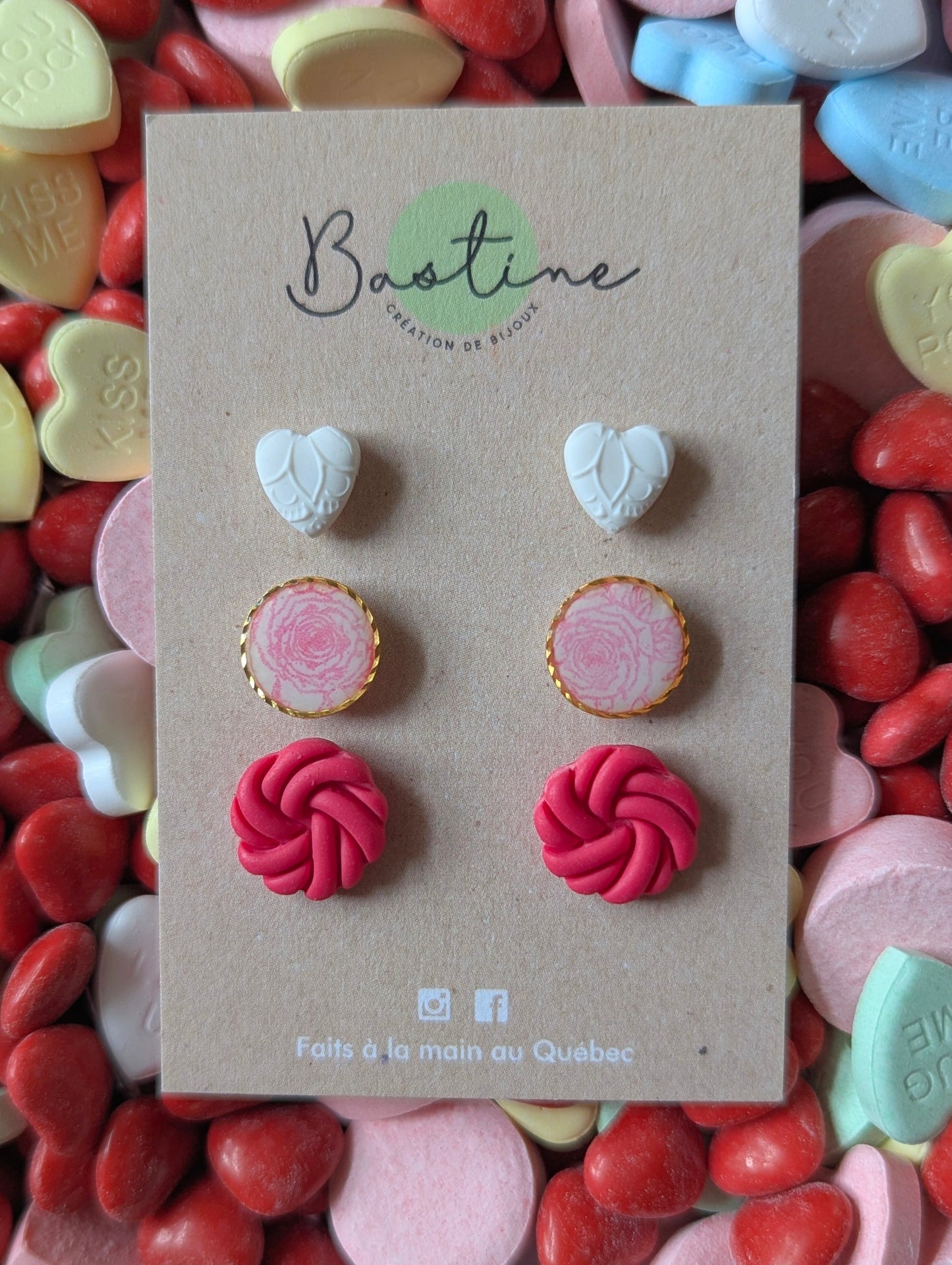 Trio St-Valentin - Boucles d'oreilles studs en argile polymère acier inoxydable hypoallergène