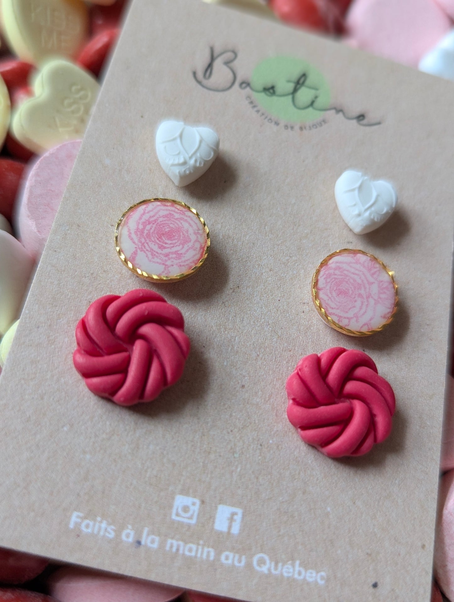 Trio St-Valentin - Boucles d'oreilles studs en argile polymère acier inoxydable hypoallergène