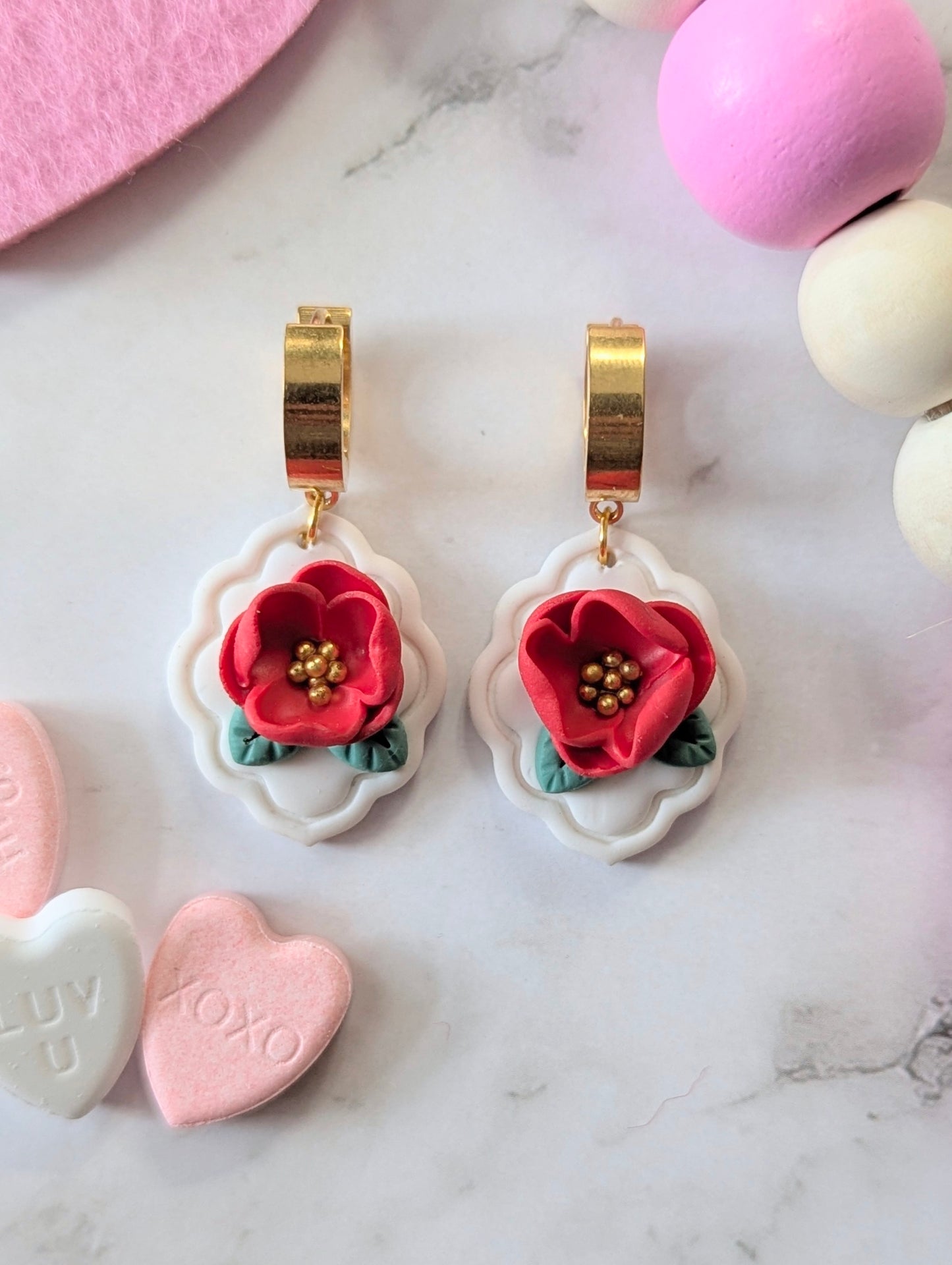 Anneaux fleuris - Boucles d'oreilles pendantes en argile polymère acier inoxydable hypoallergène