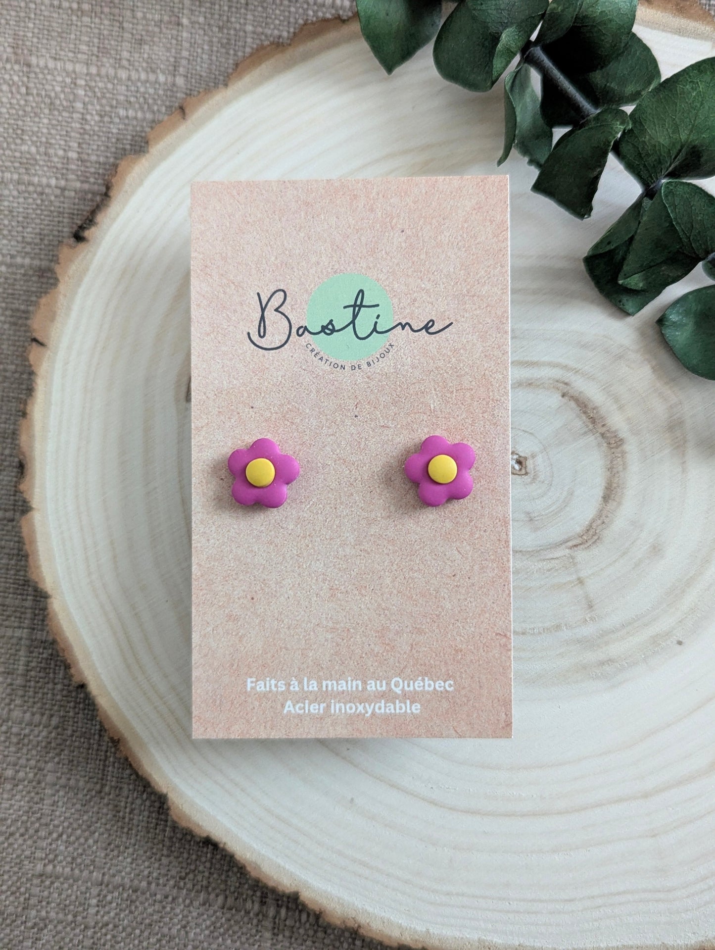 Fleurs roses - Boucles d'oreilles studs en argile polymère acier inoxydable hypoallergène