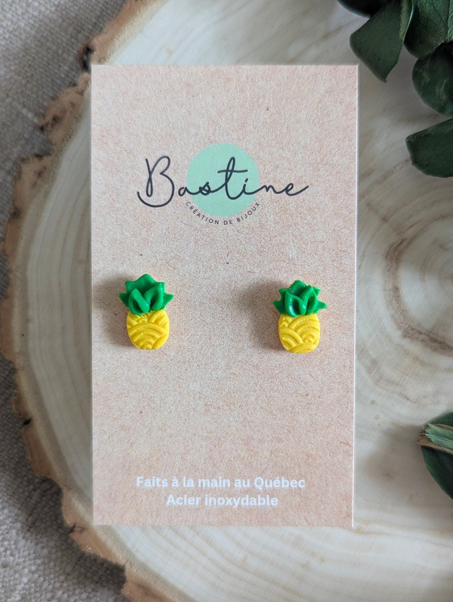 Ananas - Boucles d'oreilles studs en argile polymère acier inoxydable hypoallergène