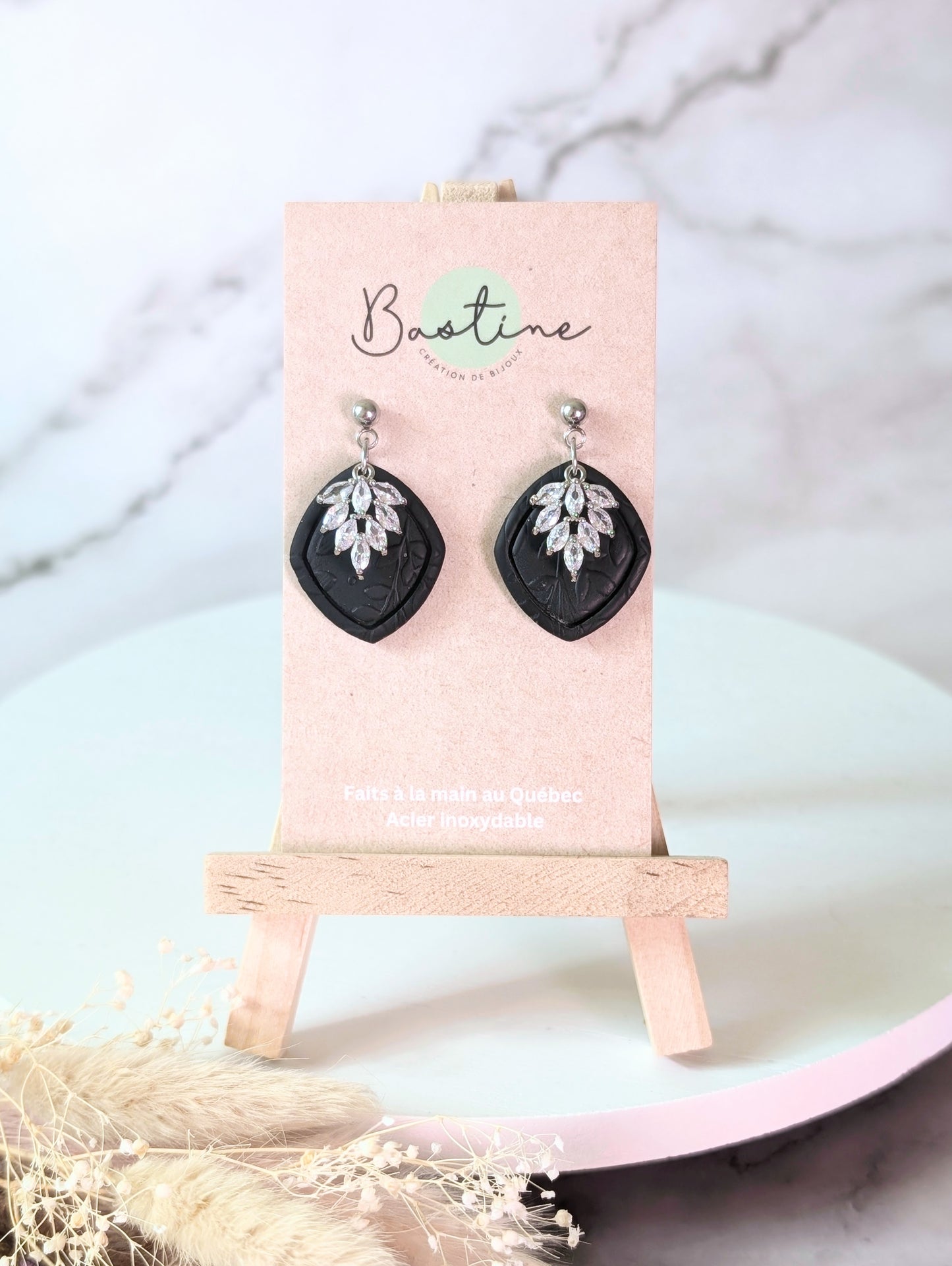 Agathe noires - Boucles d'oreilles pendantes en argile polymère acier inoxydable hypoallergène