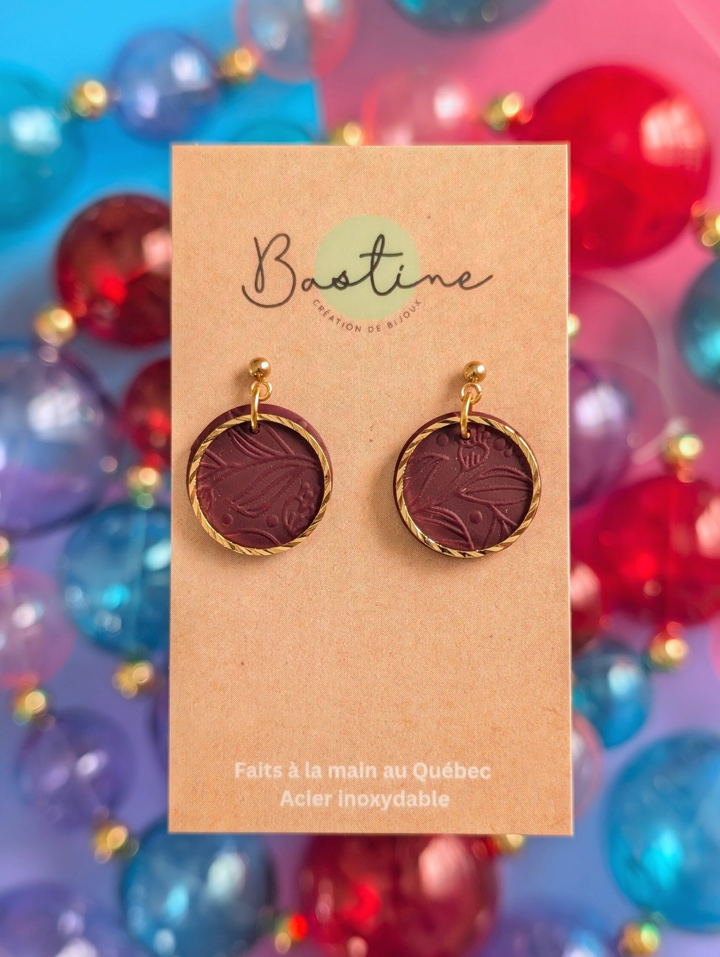 Leïla bourgogne - Boucles d'oreilles pendantes argile polymère et acier inoxydable hypoallergène