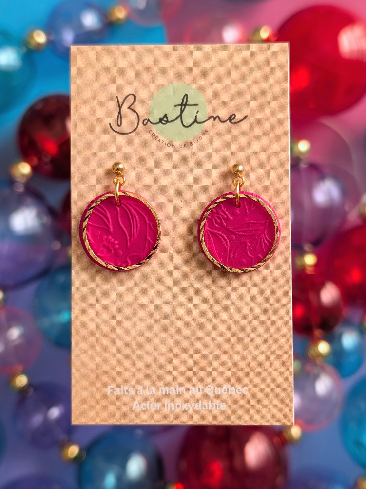 Leïla fuchsia - Boucles d'oreilles pendantes argile polymère et acier inoxydable hypoallergène