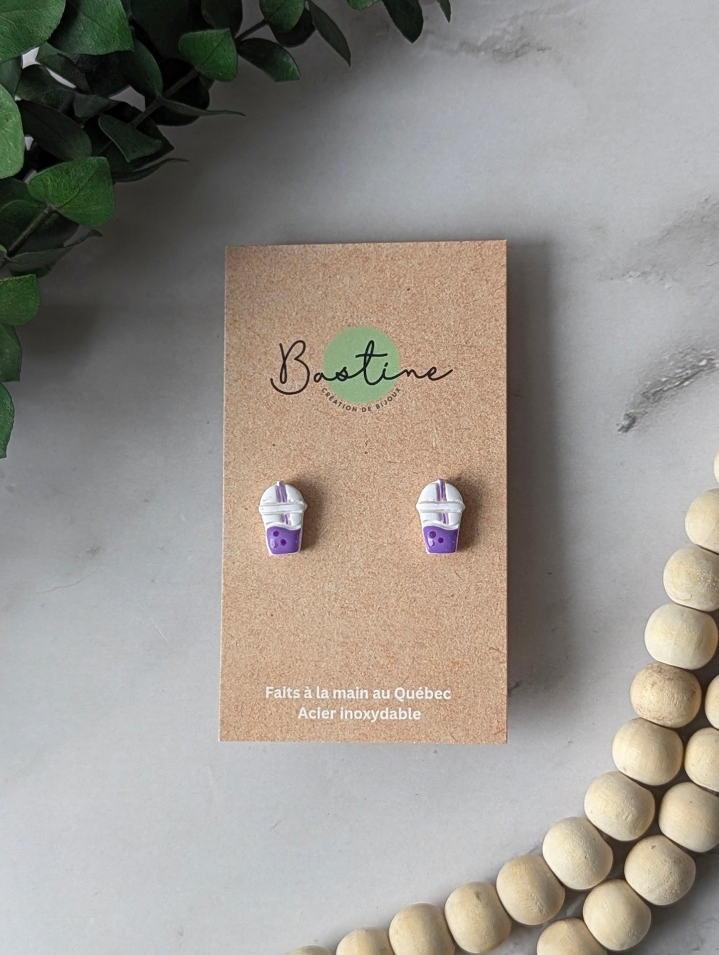 Bubble tea - Boucles d'oreilles studs en argile polymère acier inoxydable hypoallergène