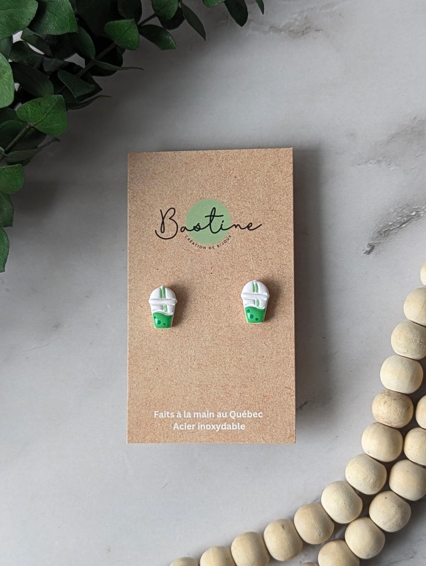 Bubble tea - Boucles d'oreilles studs en argile polymère acier inoxydable hypoallergène