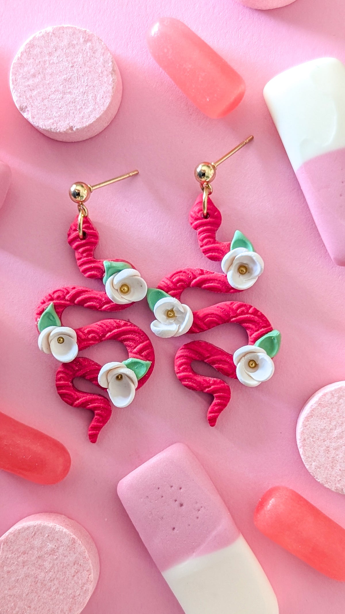 Serpents roses fleuris - Boucles d'oreilles en argile polymère et acier inoxydable hypoallergène