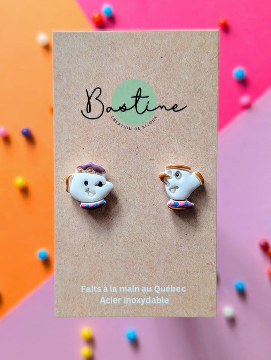 Belle et bête (tasses) - Boucles d'oreilles studs en argile polymère acier inoxydable hypoallergène