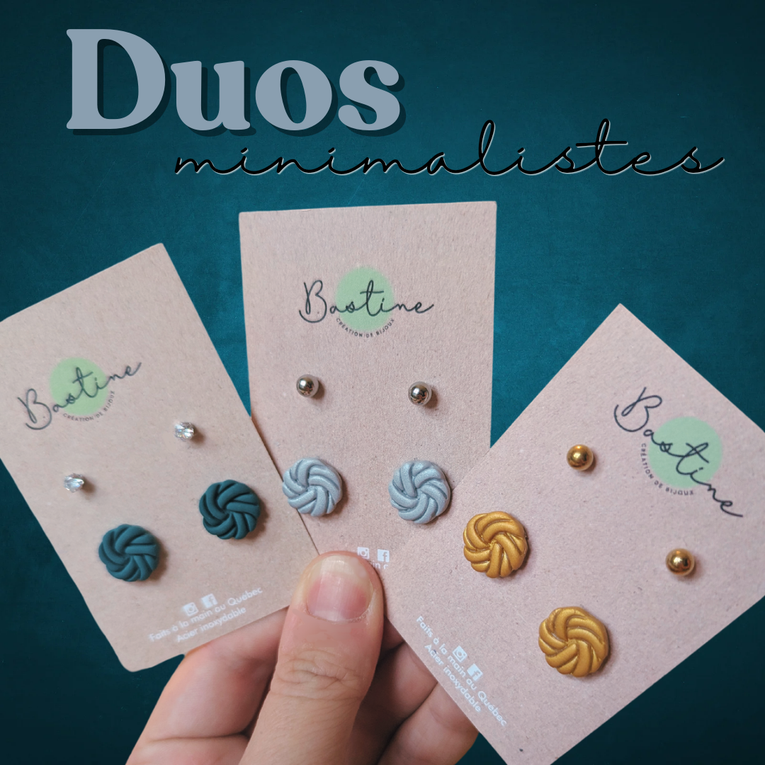 Duo minimaliste (plusieurs couleurs) - Boucles d'oreilles studs en argile polymère acier inoxydable hypoallergène
