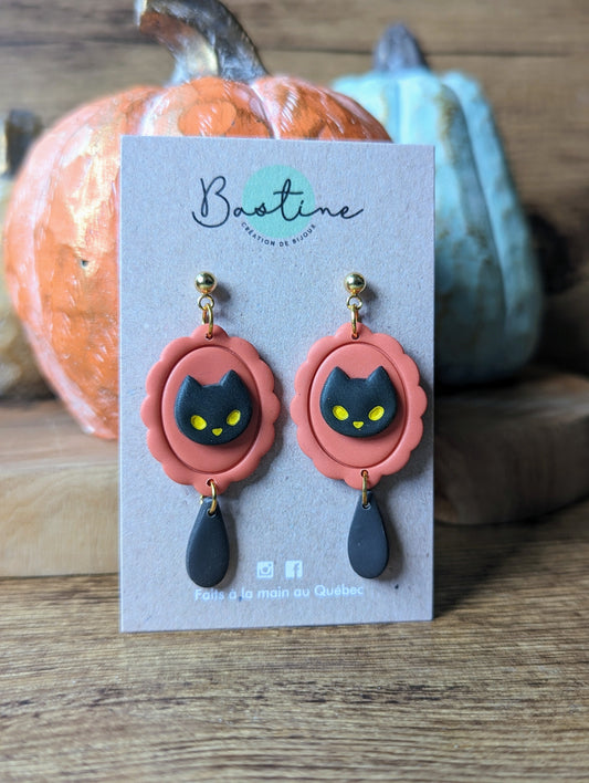 Halloween - Pendantes caméo oranges avec chats noirs