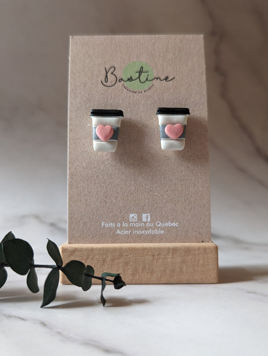 Café - Boucles d'oreilles studs en argile polymère acier inoxydable hypoallergène
