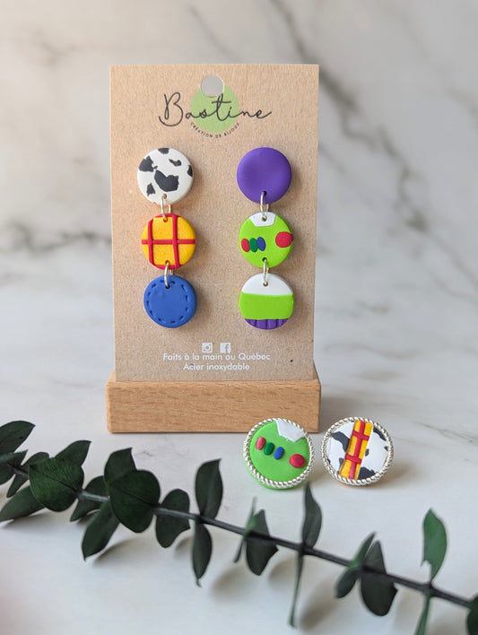 Histoire de jouets - Boucles d'oreilles pendantes argile polymère et acier inoxydable hypoallergène