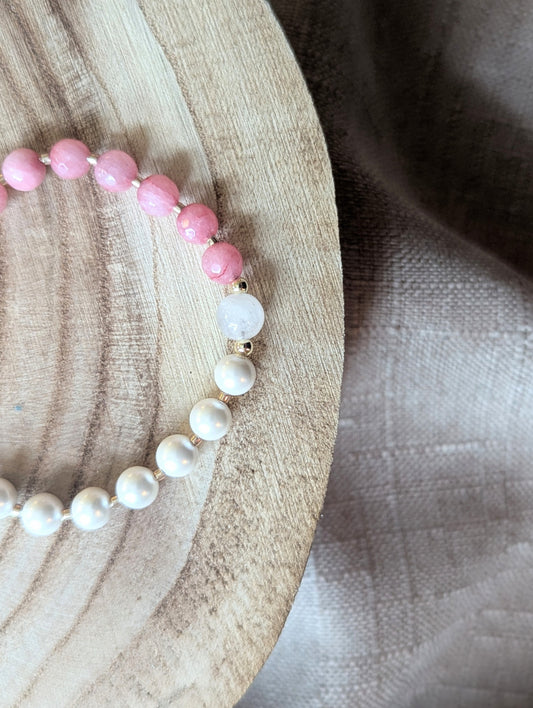 Bracelet - Quartz rose, perle de coquillage et calcédoine