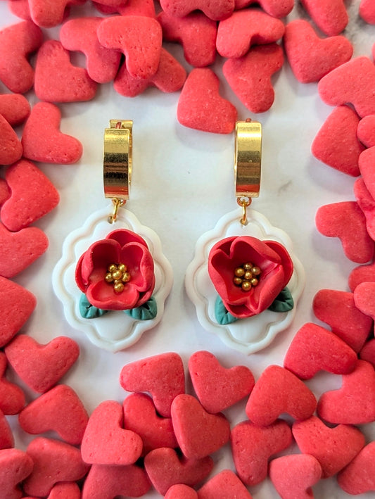 Anneaux fleuris - Boucles d'oreilles pendantes en argile polymère acier inoxydable hypoallergène