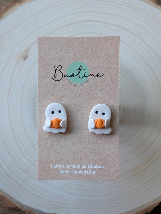 Ghost and Pumpkin - Hypoallergenic Stainless Steel Polymer Clay Stud Earrings