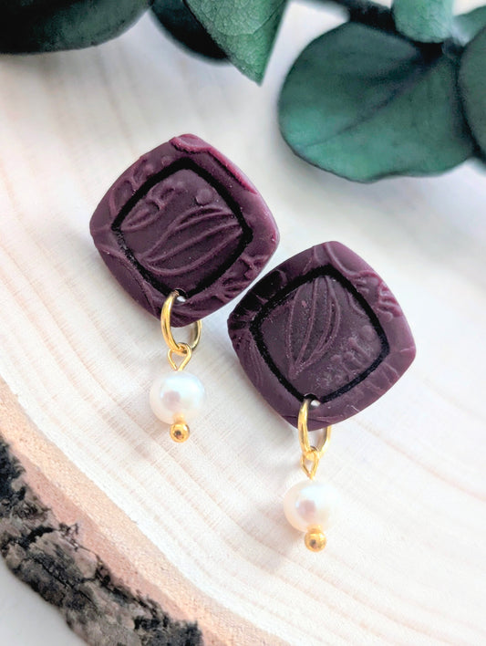 Rosie prune - Boucles d'oreilles pendantes argile polymère et acier inoxydable hypoallergène