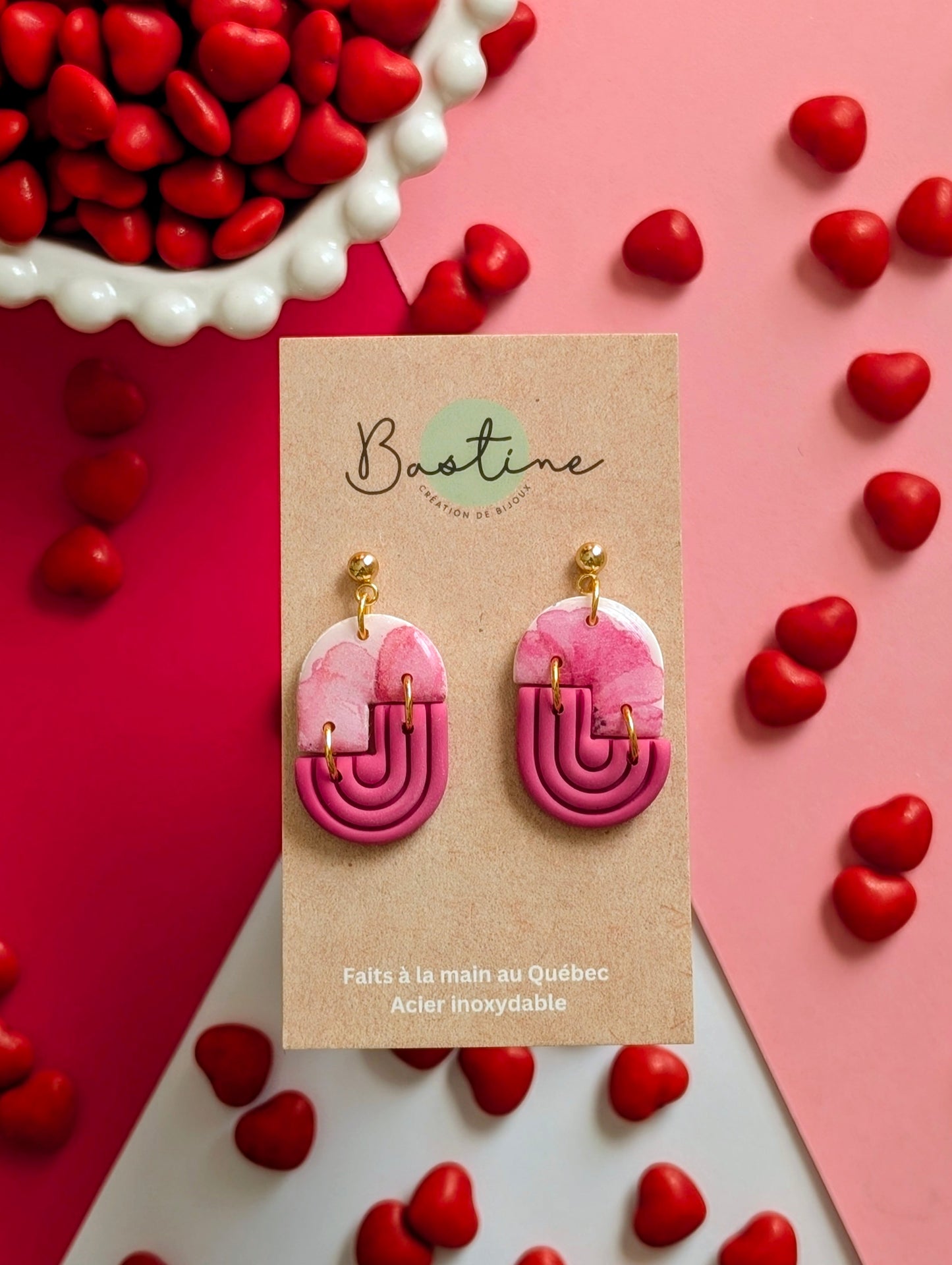 Solène rose - Boucles d'oreilles pendantes en argile polymère et acier inoxydable hypoallergène