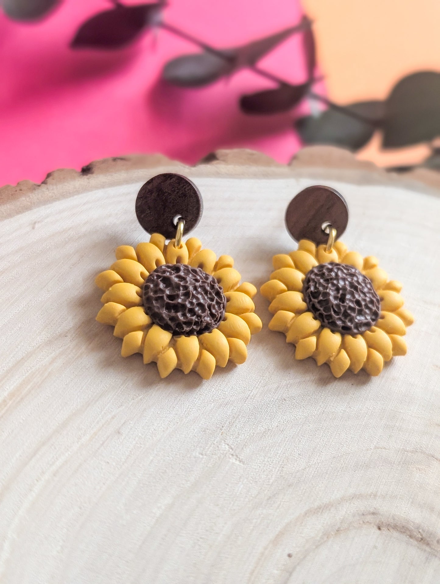 Tournesols - Boucles d'oreilles pendantes en argile polymère et acier inoxydable hypoallergène