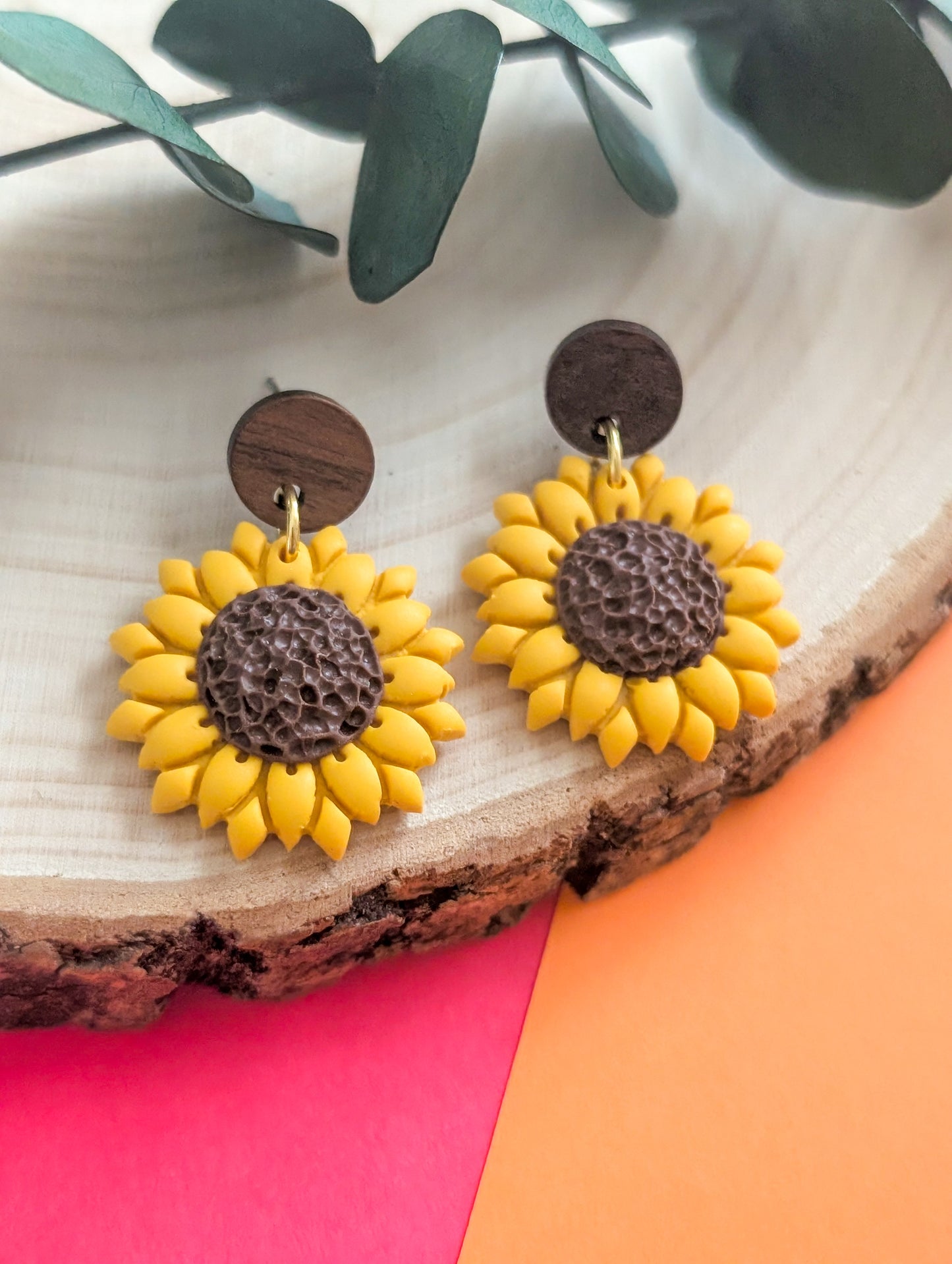 Tournesols - Boucles d'oreilles pendantes en argile polymère et acier inoxydable hypoallergène