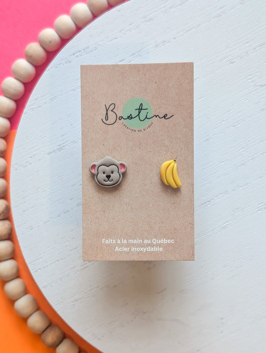 Monkey - Hypoallergenic stainless steel polymer clay stud earrings