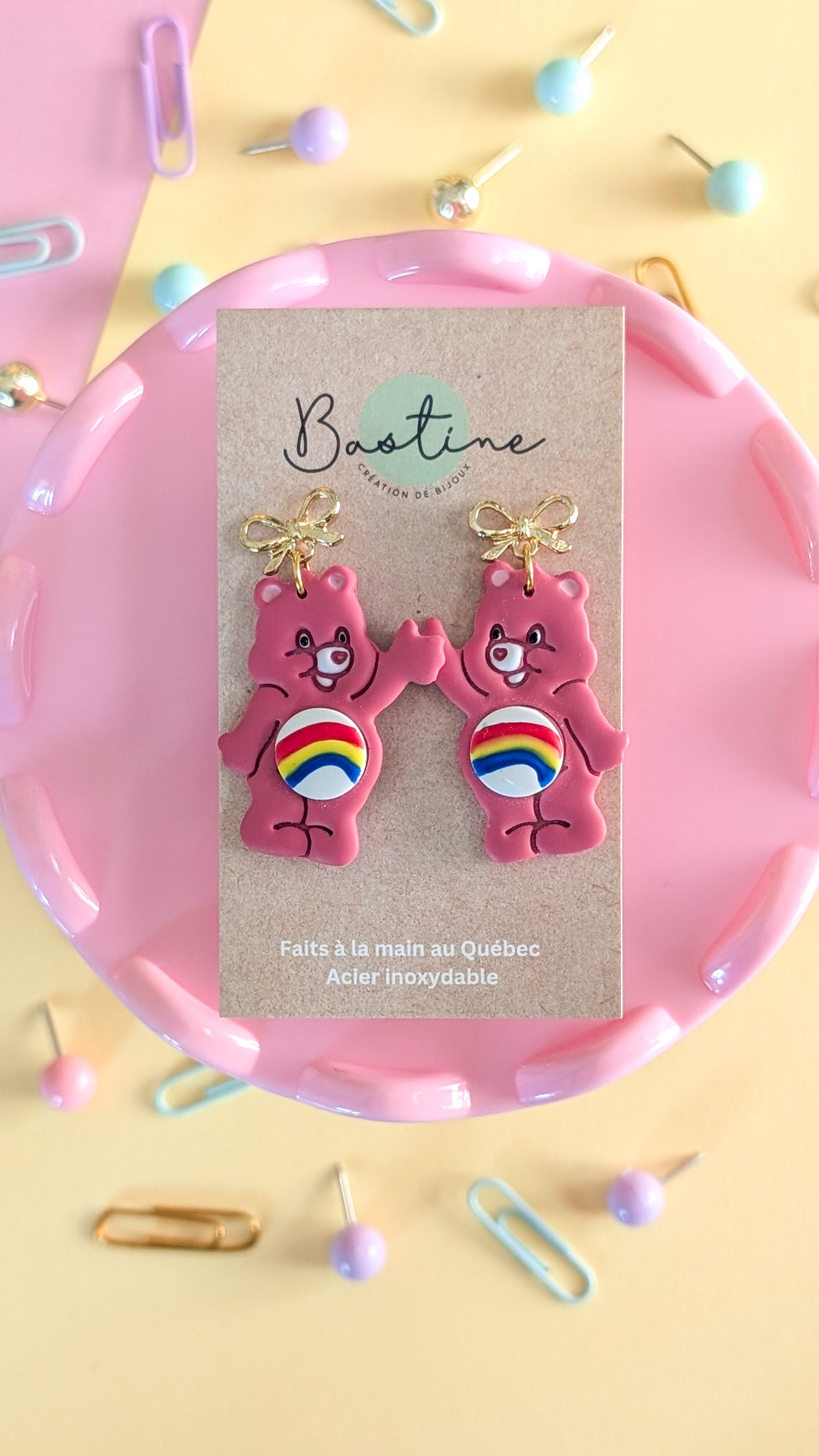 Cute Pink Bears - Polymer Clay and Hypoallergenic Stainless Steel Dangle Earrings
